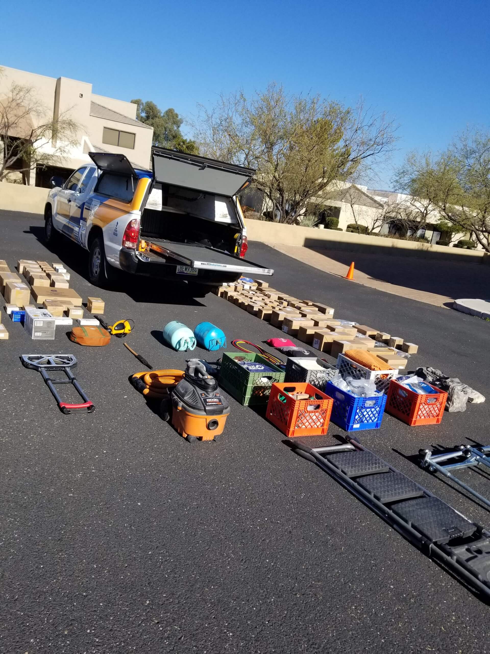 Service truck with organized tools and parts laid out in Gilbert and Fountain Hills, AZ