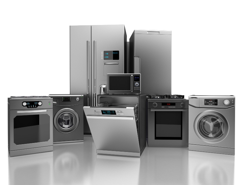 Modern home appliance lineup including refrigerator, oven, dishwasher, washer, and dryer for repair services in Fountain Hills, AZ